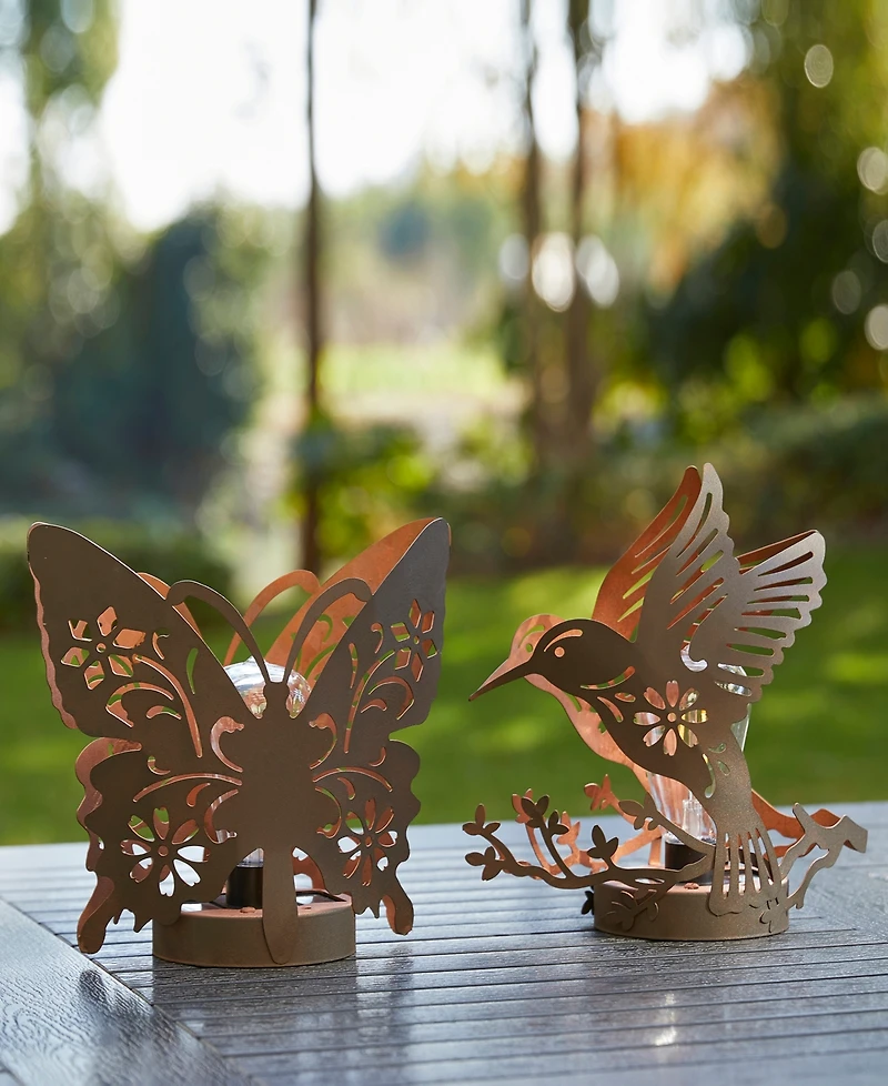 Glitzhome 9.75" H Set of 2 Black and Gold-Tone Metal Cutout Flying Hummingbird Silhouette Solar Powered Edison Bulb Outdoor Lantern