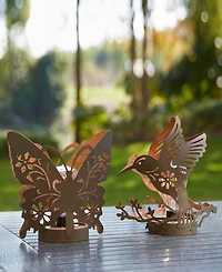 Glitzhome 9.75" H Set of 2 Black and Gold-Tone Metal Cutout Flying Hummingbird Silhouette Solar Powered Edison Bulb Outdoor Lantern