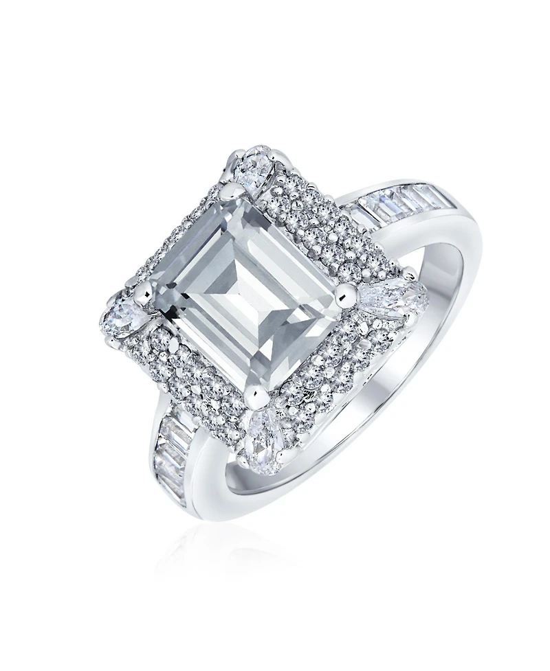 Bling Jewelry Classic 4CTW Cubic Zirconia Rectangle Halo Cz Emerald Cut Promise Ring Sterling Silver Pave Band