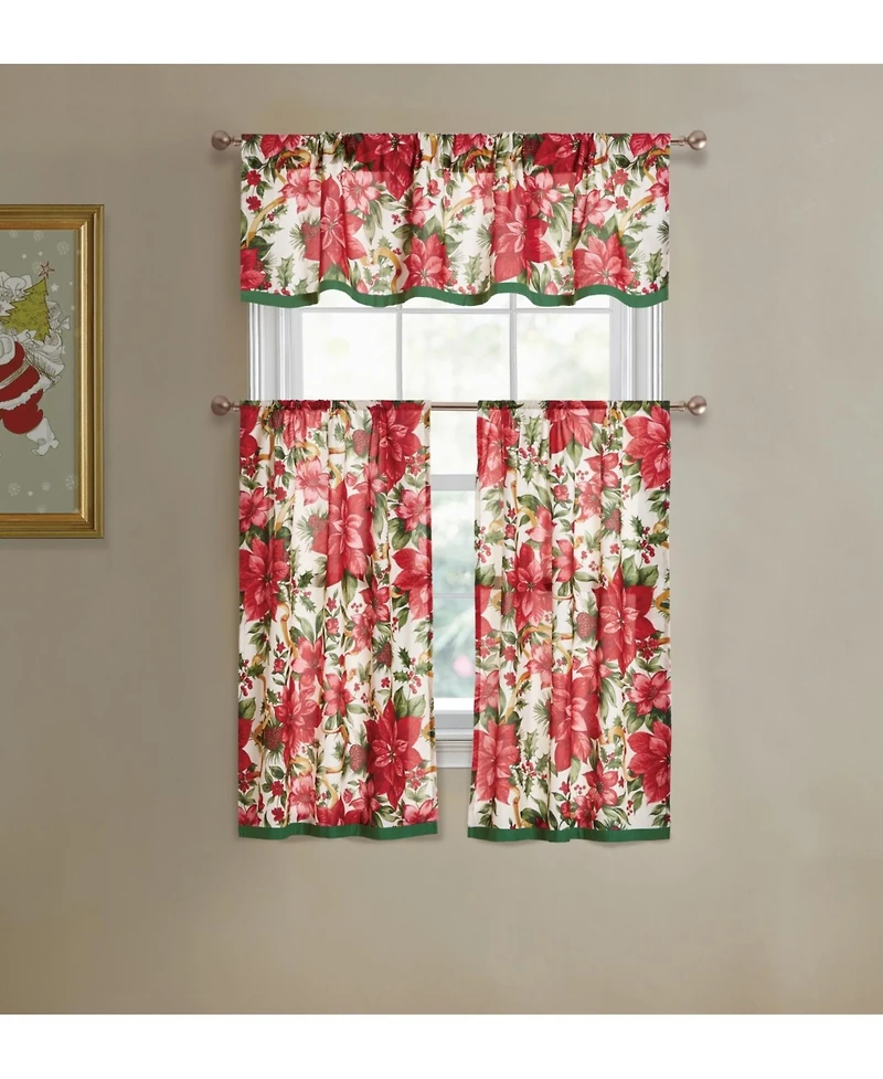 Kate Aurora Holiday Living Classic Poinsettia Complete 3 Pc. Christmas Kitchen Curtain Tier & Valance Set