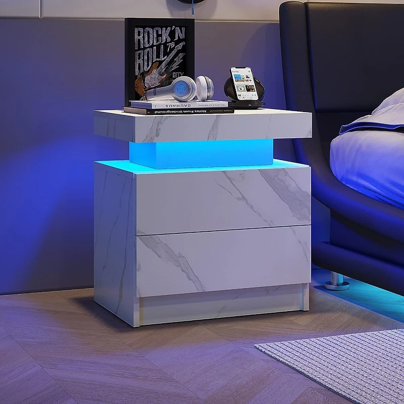 Simplie Fun Nightstand Led Bedside Table Cabinet Lights Modern End Side With 2 Drawers For Bedroom (White Stone)
