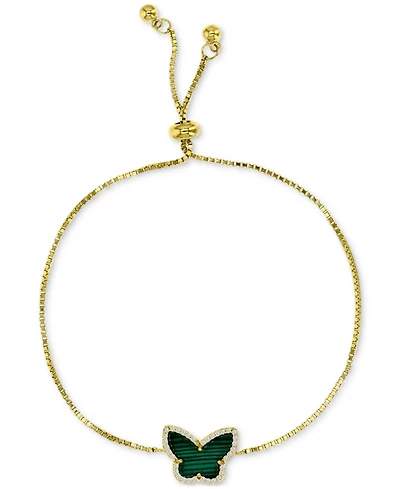 Simulated Malachite & Cubic Zirconia Butterfly Bolo Bracelet in 14k Gold-Plated Sterling Silver