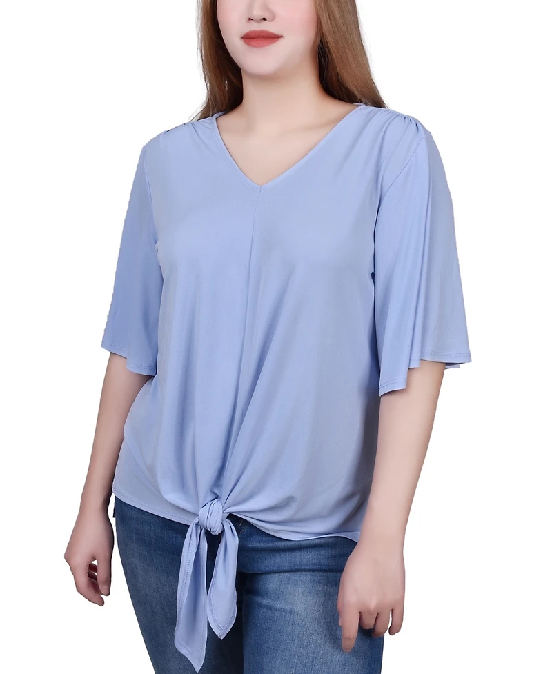 Ny Collection Petite Elbow Sleeve Tie-Front Top