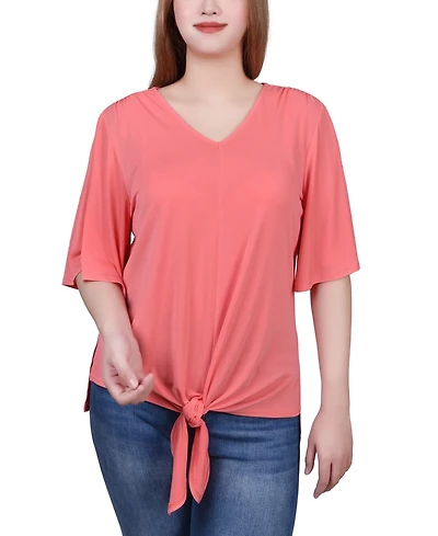 Ny Collection Petite Elbow Sleeve Tie-Front Top