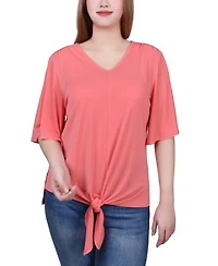 Ny Collection Petite Elbow Sleeve Tie-Front Top