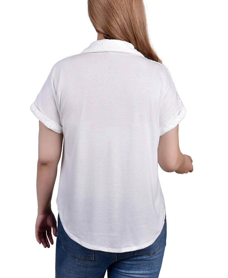 Ny Collection Petite Short Sleeve Eyelet Knit Back Blouse