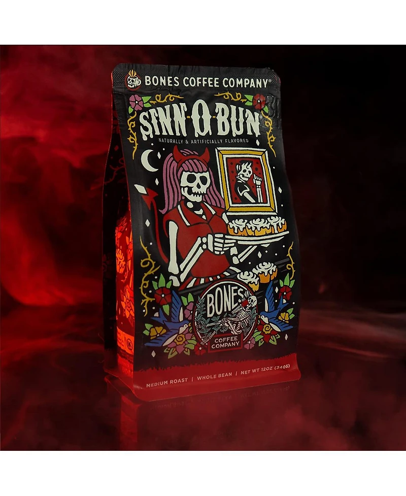 Bones Coffee Ground Coffee | 12 oz Medium Roast Arabica Low Acid Flavored Coffee | Cinnamon Roll Flavor Company