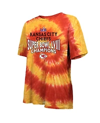 Women's Majestic Red, Yellow Kansas City Chiefs Super Bowl Lviii Champions Oversized Tie-Dye T-shirt