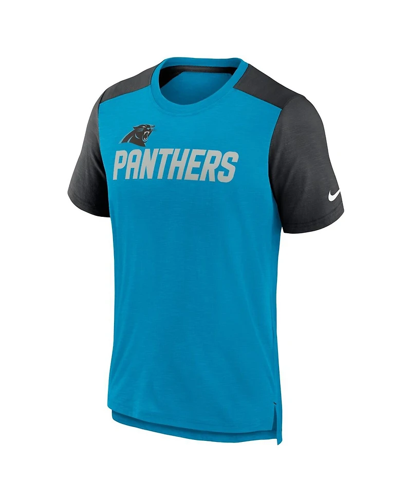 Men's Nike Heathered Blue, Black Carolina Panthers Color Block Team Name T-shirt