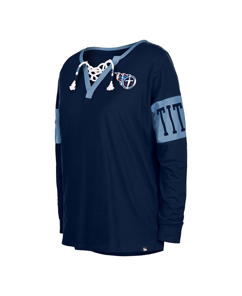 Women's New Era Navy Tennessee Titans Lace-Up Notch Neck Long Sleeve T-shirt