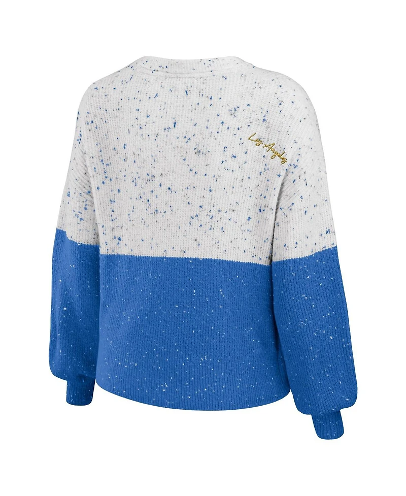 Women's Wear by Erin Andrews White, Powder Blue Los Angeles Chargers Lighweight Modest Crop Color-Block Pullover Sweater