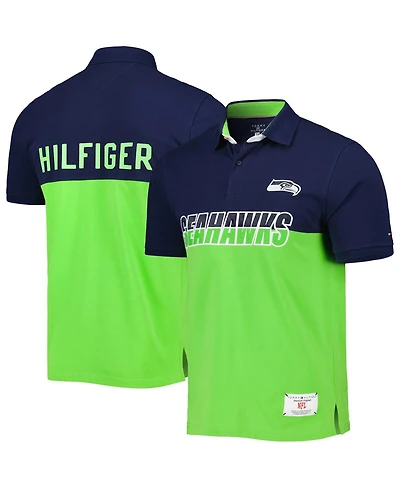 Men's Tommy Hilfiger Neon Green, College Navy Seattle Seahawks Color Block Polo Shirt