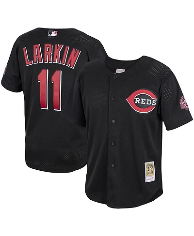 Men's Mitchell & Ness Barry Larkin Black Cincinnati Reds Cooperstown Collection Mesh Batting Practice Button-Up Jersey