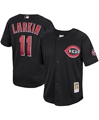 Men's Mitchell & Ness Barry Larkin Black Cincinnati Reds Cooperstown Collection Mesh Batting Practice Button-Up Jersey