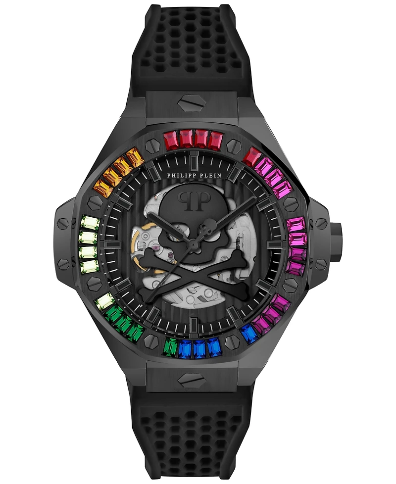 Philipp Plein Men's Automatic Skeleton Royal Black Silicone Strap Watch 46mm