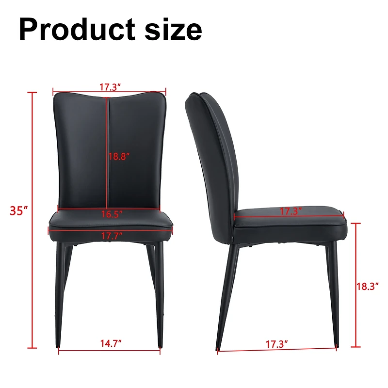 Modern minimalist dining chairs, black Pu leather curved backrest and seat cushions, black metal chair legs, suitable for restaurants, bedrooms, and l