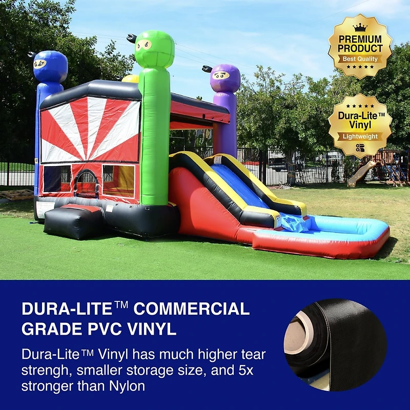 HeroKiddo Ninja Warrior Commercial Grade Bounce House Water Slide Combo with Splash Pool for Kids and Adults (with Blower), Wet Dry Use, Basketball Ho