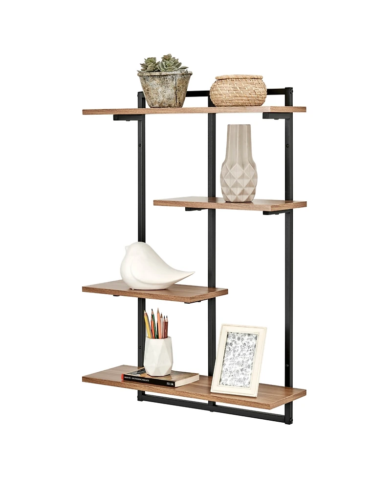 Rhodes 4 Tier Modern Floating Windowsill Wall Shelf Unit with Metal Frame and Light Walnut Mdf Shelves