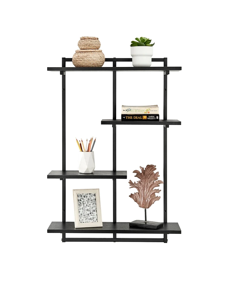 Rhodes 4 Tier Modern Floating Windowsill Wall Shelf Unit with Black Metal Frame and Black Mdf Shelves