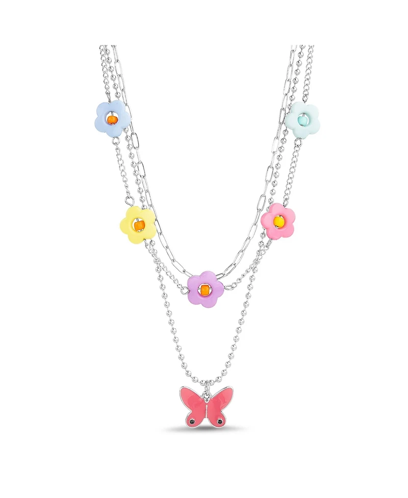 kensie 3 Piece Mixed Chain Necklace Set with Beaded Flowers and Butterfly Pendant