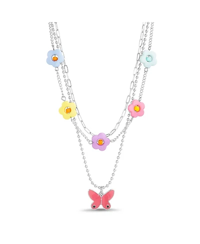 kensie 3 Piece Mixed Chain Necklace Set with Beaded Flowers and Butterfly Pendant