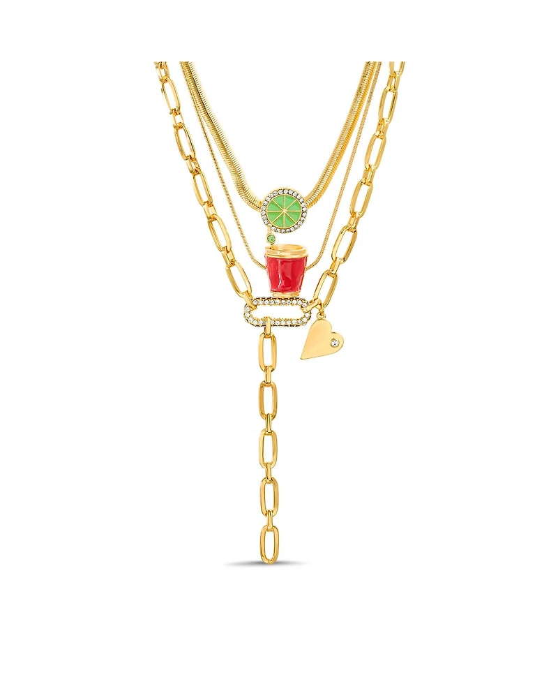 kensie Multi 3 Piece Mixed Chain Necklace Set with Red Cup, Line and Heart Charm Pendants