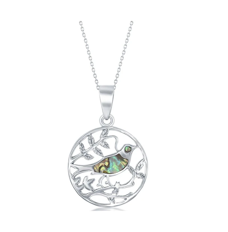 Sterling Silver Abalone Bird On a Branch Pendant Necklace