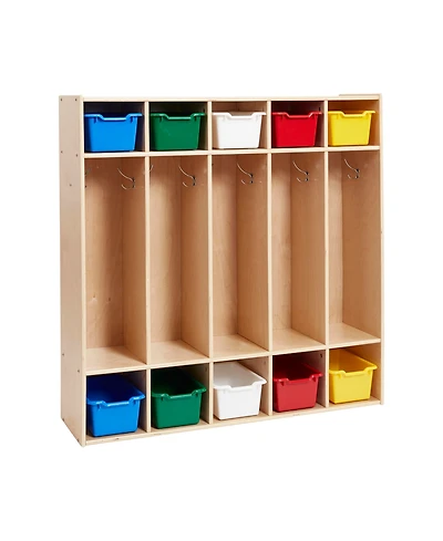 ECR4Kids Streamline 5-Section Coat Locker with Scoop Front Storage Bins, Natural, Blue, 1