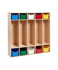ECR4Kids Streamline 5-Section Coat Locker with Scoop Front Storage Bins, Natural, Blue, 1