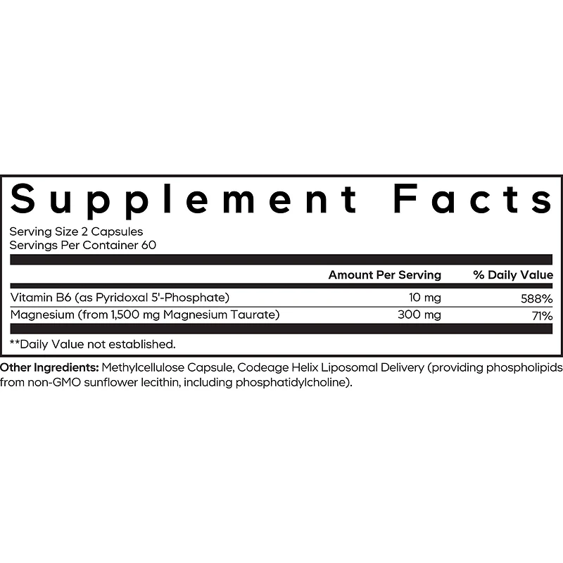 Codeage Liposomal Magnesium Taurate+ Supplement - Magnesium from Magnesium Taurate, Vitamin B6 as Pyridoxal 5-Phosphate, 2-Month Supply