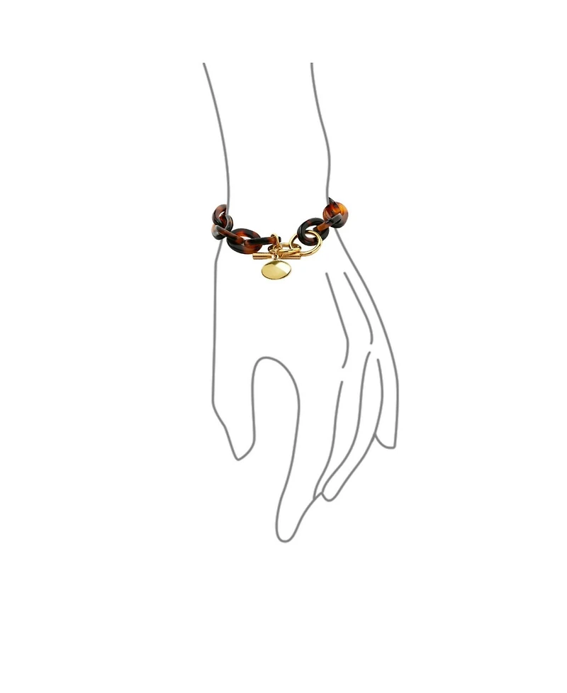 Bling Jewelry Fashion Statement Brown Golden Acrylic Leopard Tortoise Shell Oval Chain Link Bracelet Yellow Gold Plated Stainless Steel Adjustable Tog