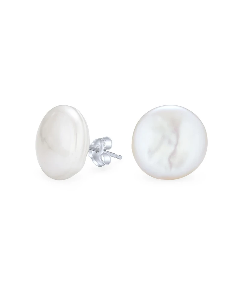 Bling Jewelry Baroque Irregular Round Coin Shaped White Biwa Coin Freshwater Cultured Pearl Stud Earrings Sterling Silver