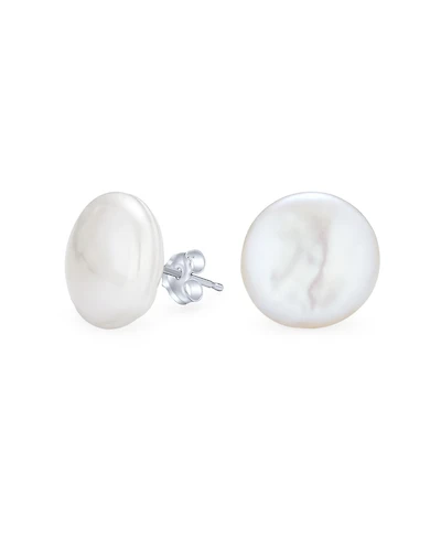 Bling Jewelry Baroque Irregular Round Coin Shaped White Biwa Coin Freshwater Cultured Pearl Stud Earrings Sterling Silver