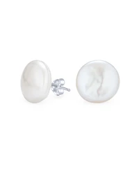 Bling Jewelry Baroque Irregular Round Coin Shaped White Biwa Coin Freshwater Cultured Pearl Stud Earrings Sterling Silver