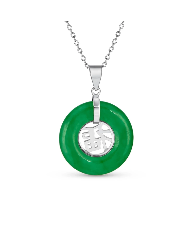 Bling Jewelry Circle Disc Round Donut Good Fortune Fu Character Chinese Symbol Dyed Green Natural Jade Disc Pendant Necklace For Women Sterling Silver