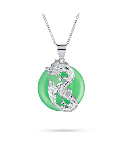 Bling Jewelry Round Open Circle Disc Dyed Green Synthetic Jade Dragon Pendant Sterling Silver Necklace 18 Inch