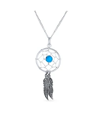 Bling Jewelry Western Synthetic Turquoise Accent Feathers Leaf Dream Catcher Pendant Necklace For Women s Oxidized Sterling Silver