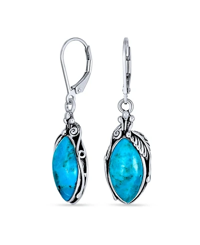 Bling Jewelry Style Natural Stabilized Blue Turquoise Marquise Shaped Leaf Feather Dangle Earrings Lever back Oxidized Sterling Silver