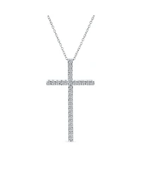 Bling Jewelry Cubic Zirconia Pave Cz Simple Long Cross Pendant Necklace Sterling Silver 1.75 In With Chain