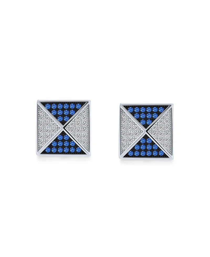 Bling Jewelry Black Royal Blue Cz Stud Earrings, Geometric Pyramid Square, Sterling Silver 11MM