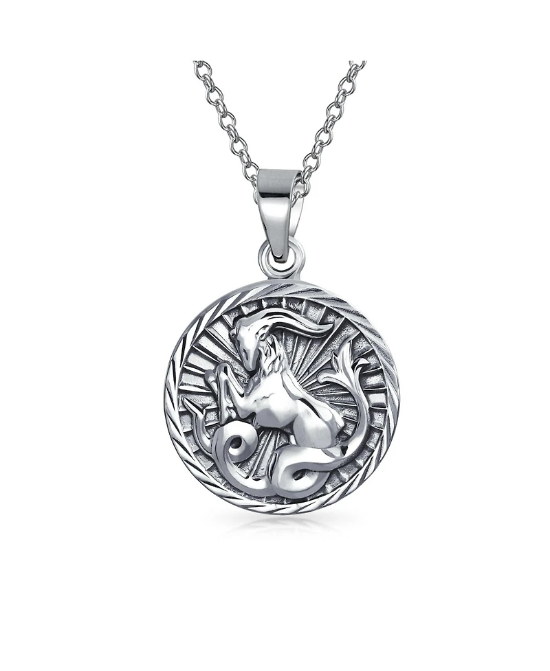 Bling Jewelry Capricorn Zodiac Sign Round Medallion Pendant Necklace Sterling Silver