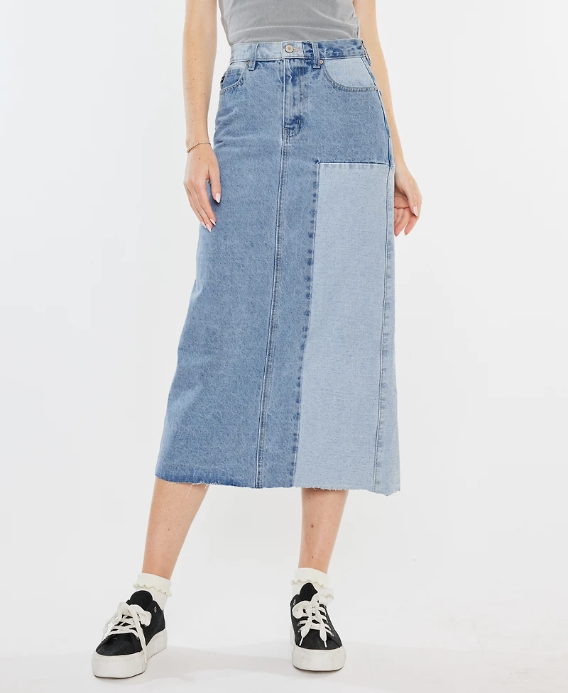 Kancan Women's Two-Toned Color Block Denim Midi Skirt