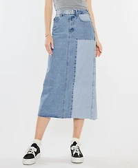 Kancan Women's Two-Toned Color Block Denim Midi Skirt
