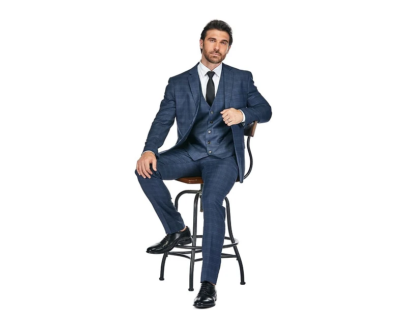 Slim Fit 3PC Tailored Blue Check Men's Suit