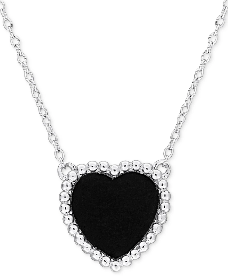 Black Agate (5 ct. t.w.) Heart Bead Frame 17" Pendant Necklace in Sterling Silver