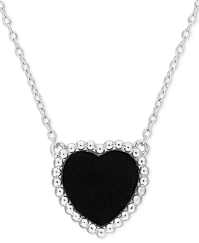 Black Agate (5 ct. t.w.) Heart Bead Frame 17" Pendant Necklace in Sterling Silver