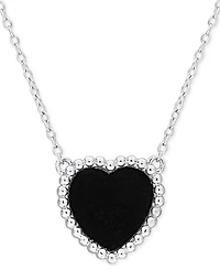 Black Agate (5 ct. t.w.) Heart Bead Frame 17" Pendant Necklace in Sterling Silver