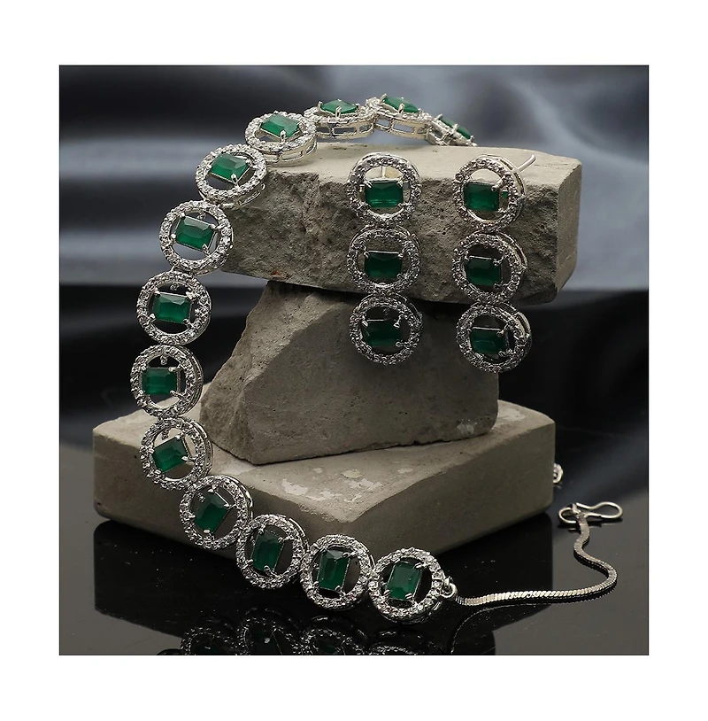 Sohi Women's Green Crystal Bling Necklace And Earrings (Set Of 2)