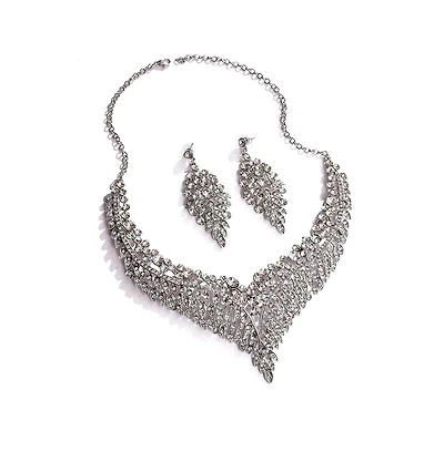 Sohi Women's Silver Leaf Bling Cluster Necklace And Earrings (Set Of 2