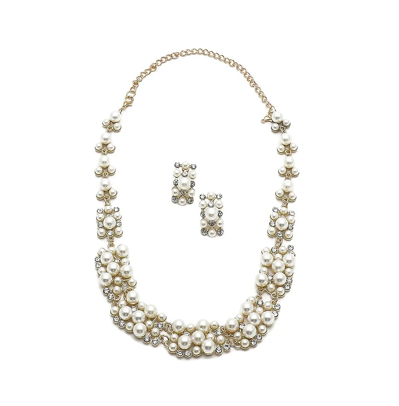 Sohi Women's White Pearl Cluster Necklace And Earrings (7-8 mm) (Set Of 2)